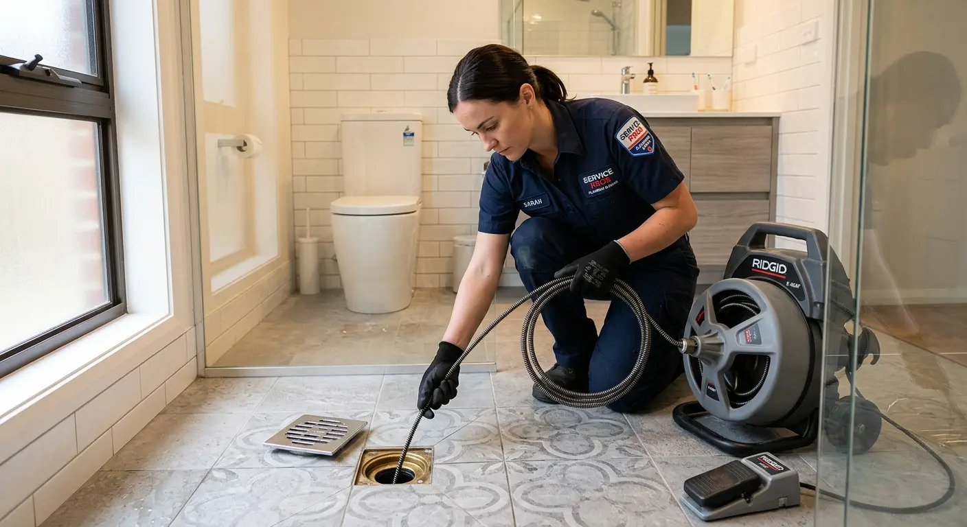 Technician clearing a bathroom floor drain for Drain Cleaning in Upper Darby